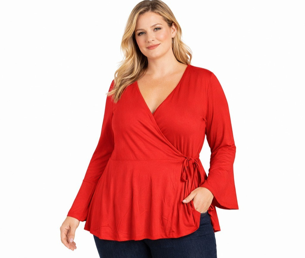 Jessica London Women’s Red Wrap Front Stretch Long Sleeve Top Size 14/16 NWOT